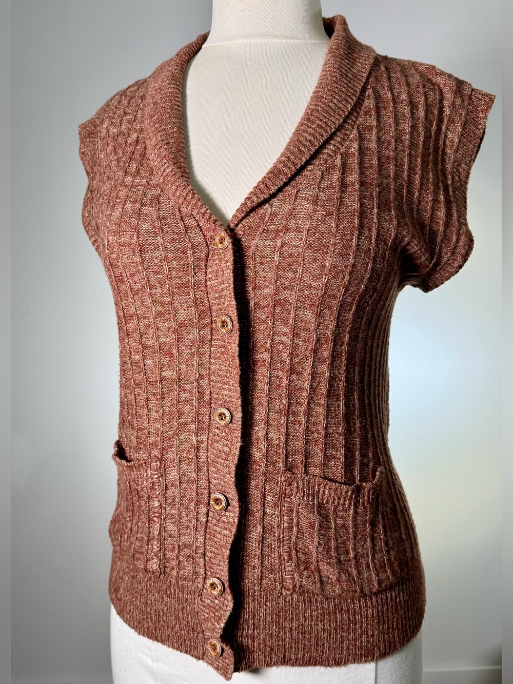 Vintage 70s College Town S/M Rust Rib Knit Shawl Collar Sweater Vest Very Nice